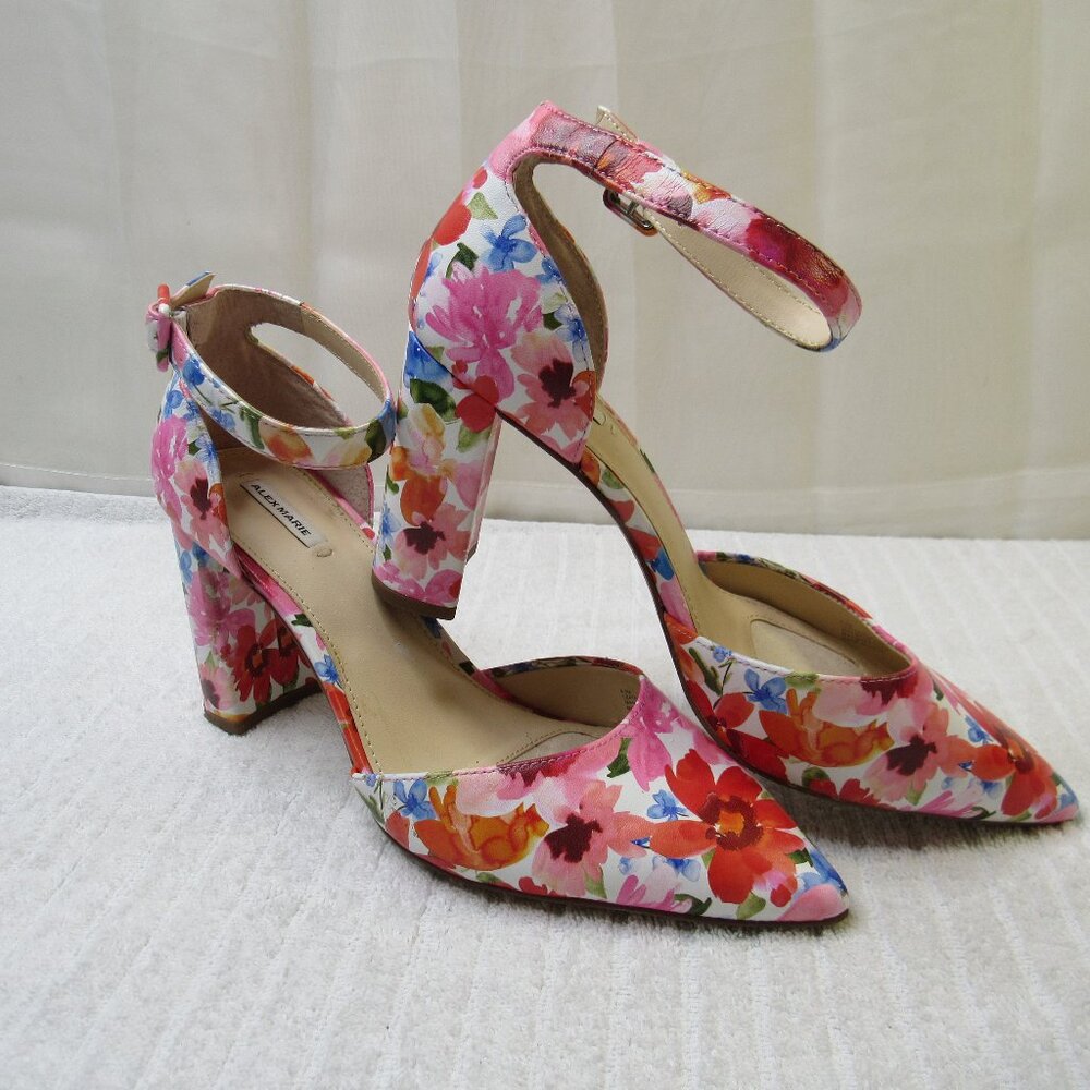 Alex Marie Shoes Women Size 9.5 M Pink Floral Block Heels Pointed Toe Strap Pump